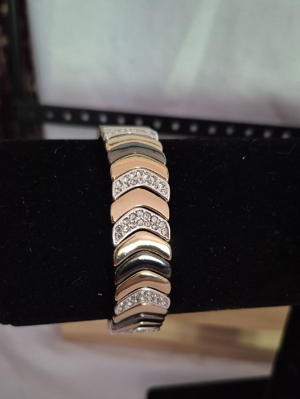 Tri-Tone Chevron Stretch Bracelet with Crystal Accents - Gold, Silver, Rose - Picture 2 of 2